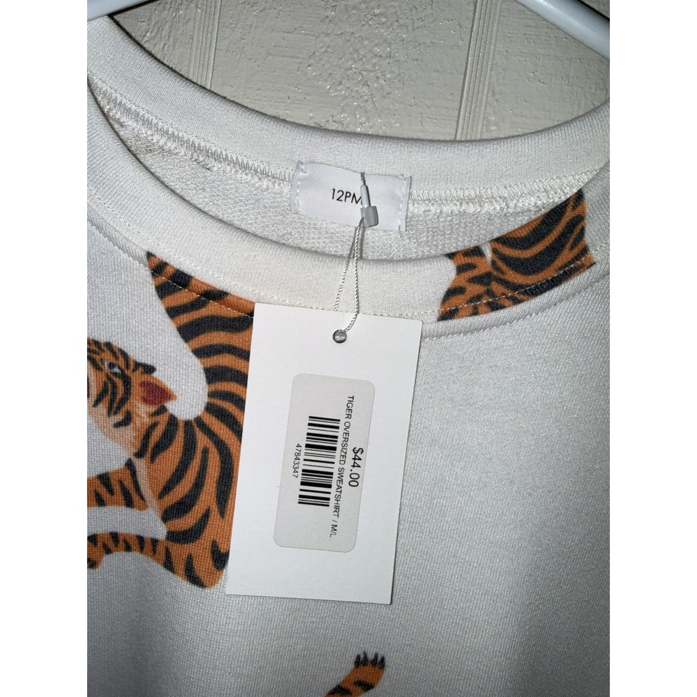 12PM Tiger Oversized Sweatshirt White Orange M/L New - Picture 3 of 4